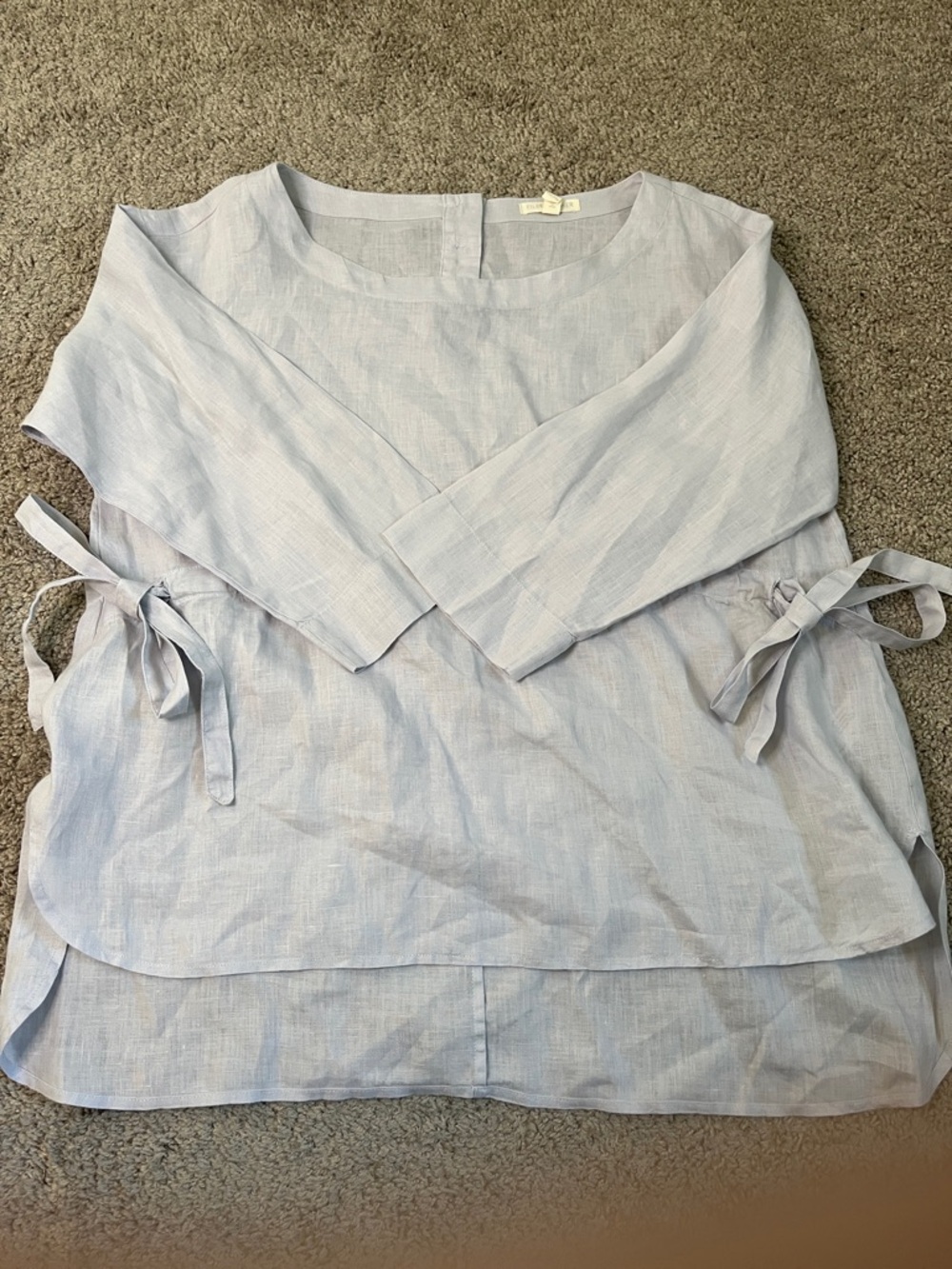 Eileen Fisher Petite Pale Blue Organic Linen Bateau Neck Waist Tie Blouse PM